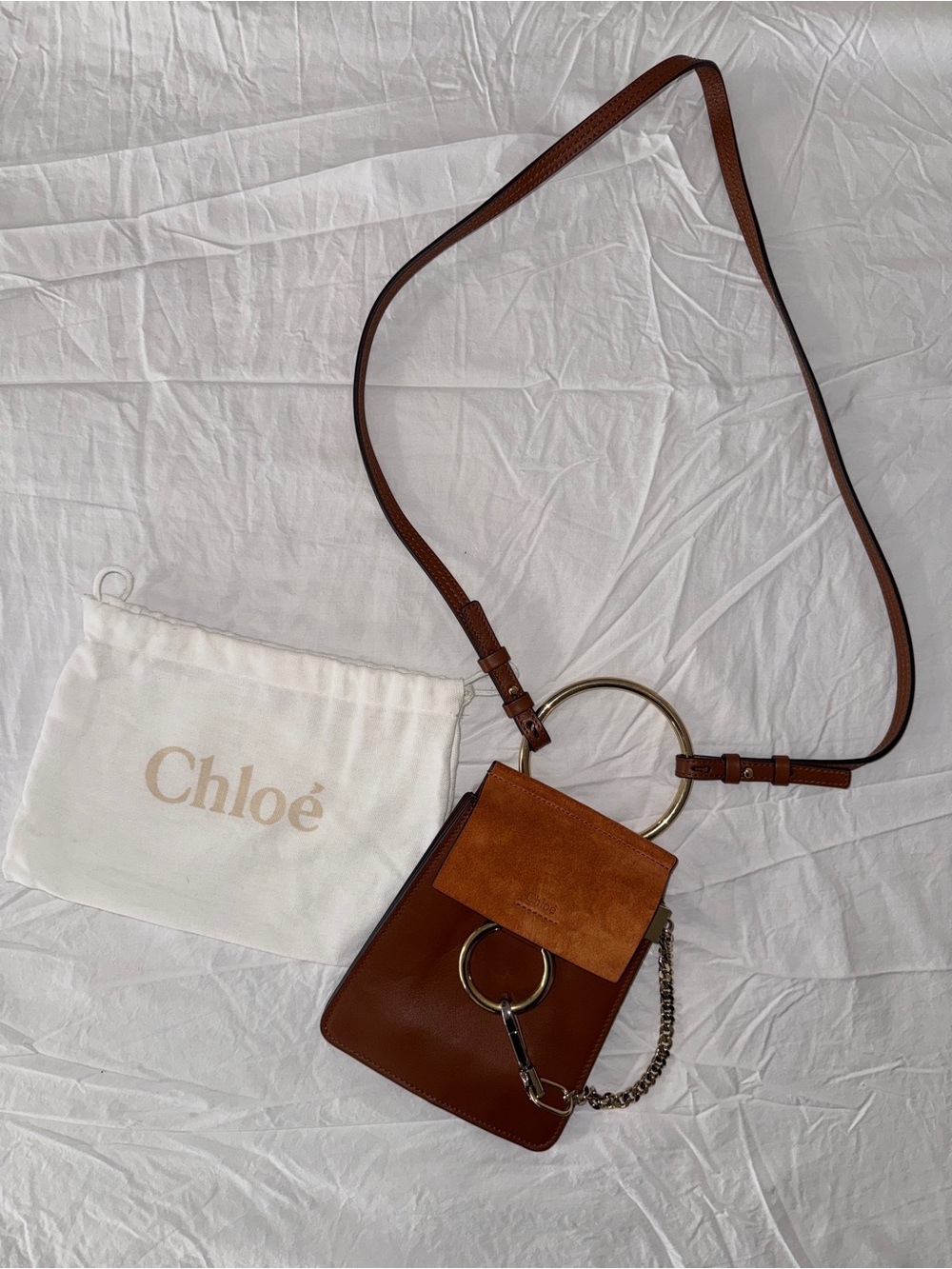 Chloé Brown and Tan Leather & Suede Crossbody with Gold Ring